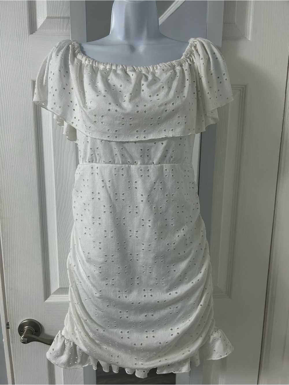 SHEIN White Off-Shoulder Eyelet Mini Dress